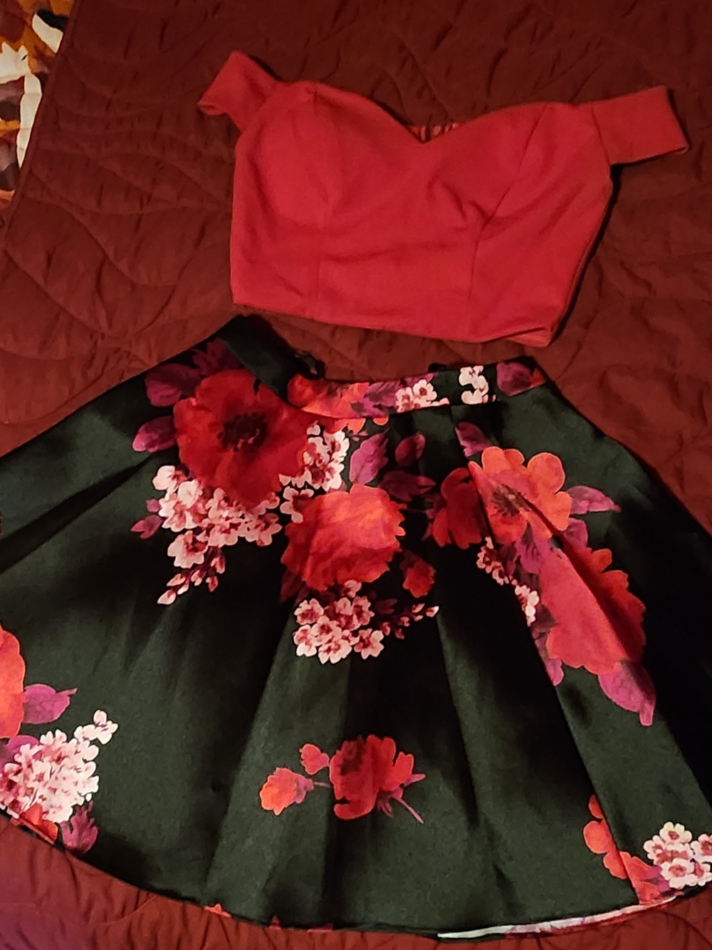 Black Floral Circle Skirt with Red Bloom Print